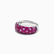 The 925 Sterling Silver Pink Sapphire Splash Ring, 2.43 TCW, features three rows of small, round pink sapphires set closely together around the band.