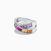 The Watercolors 14K White Gold Multi Sapphire and Diamond Ring, 2.63 TCW features two crisscrossed rows of square-cut sapphires bordered by sparkling diamonds, all set in pristine white gold.