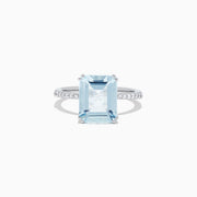 The Aquarius 14K White Gold Aquamarine and Diamond Ring (3.96 TCW) showcases a large rectangular aquamarine center stone, accented by small white diamonds along its slim white gold band.