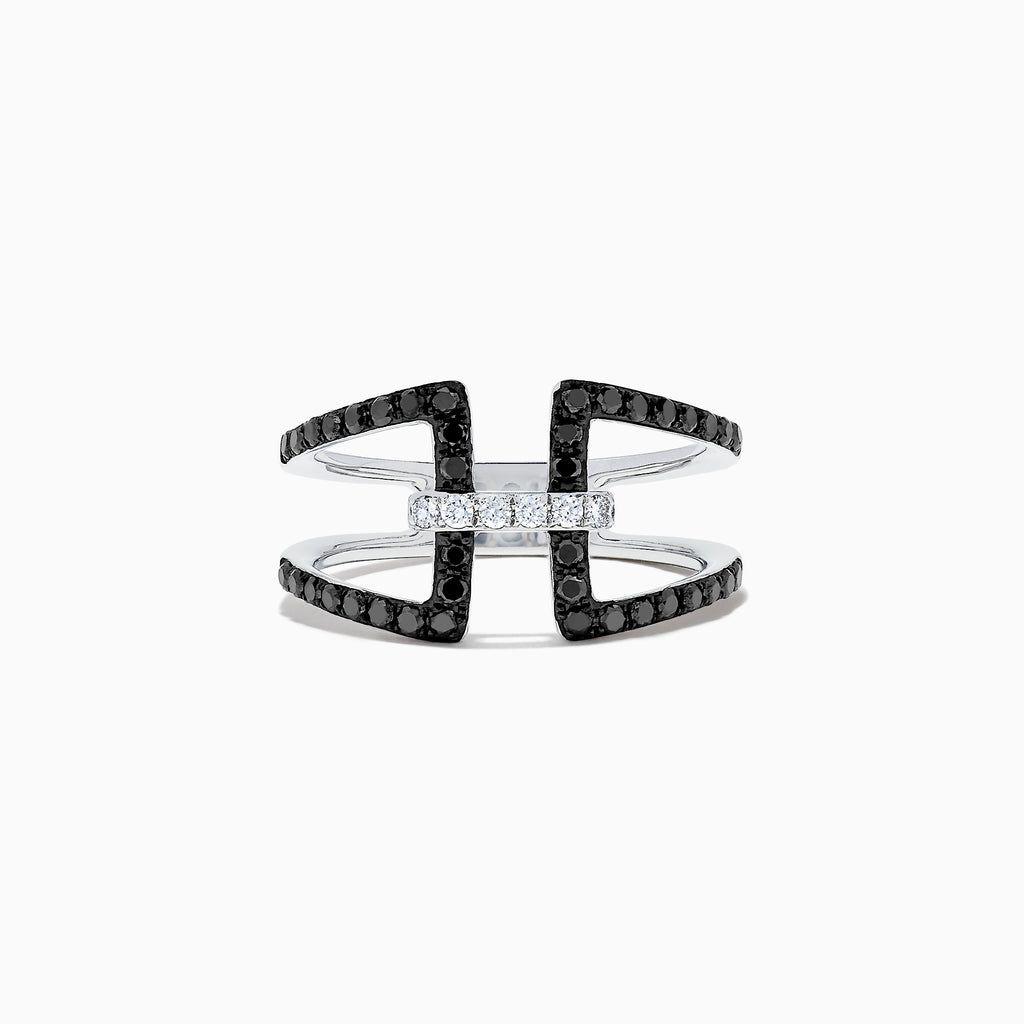 A striking 14K White Gold Black and White Diamond Ring, 0.49 TCW, showcases an open geometric design with two parallel black diamond bands connected by a central row of sparkling white diamonds.