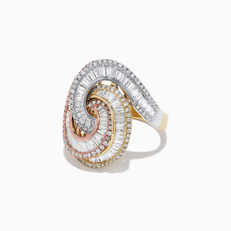 The Trio 14K Tri Color Gold Diamond Swirl Statement Ring, 1.66 TCW, features a spiral design with clear, pink, and yellow diamonds set in white, yellow, and rose gold for a luxurious look.