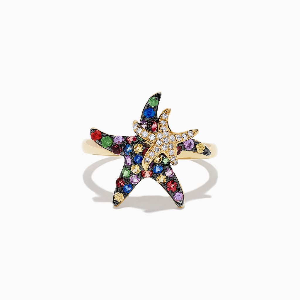 Watercolors 14K Yellow Gold Sapphire & Diamond Starfish Ring, 0.84 TCW, features two overlapping starfish—one large, one small—adorned with colorful sapphires and diamonds, set against a plain white background.