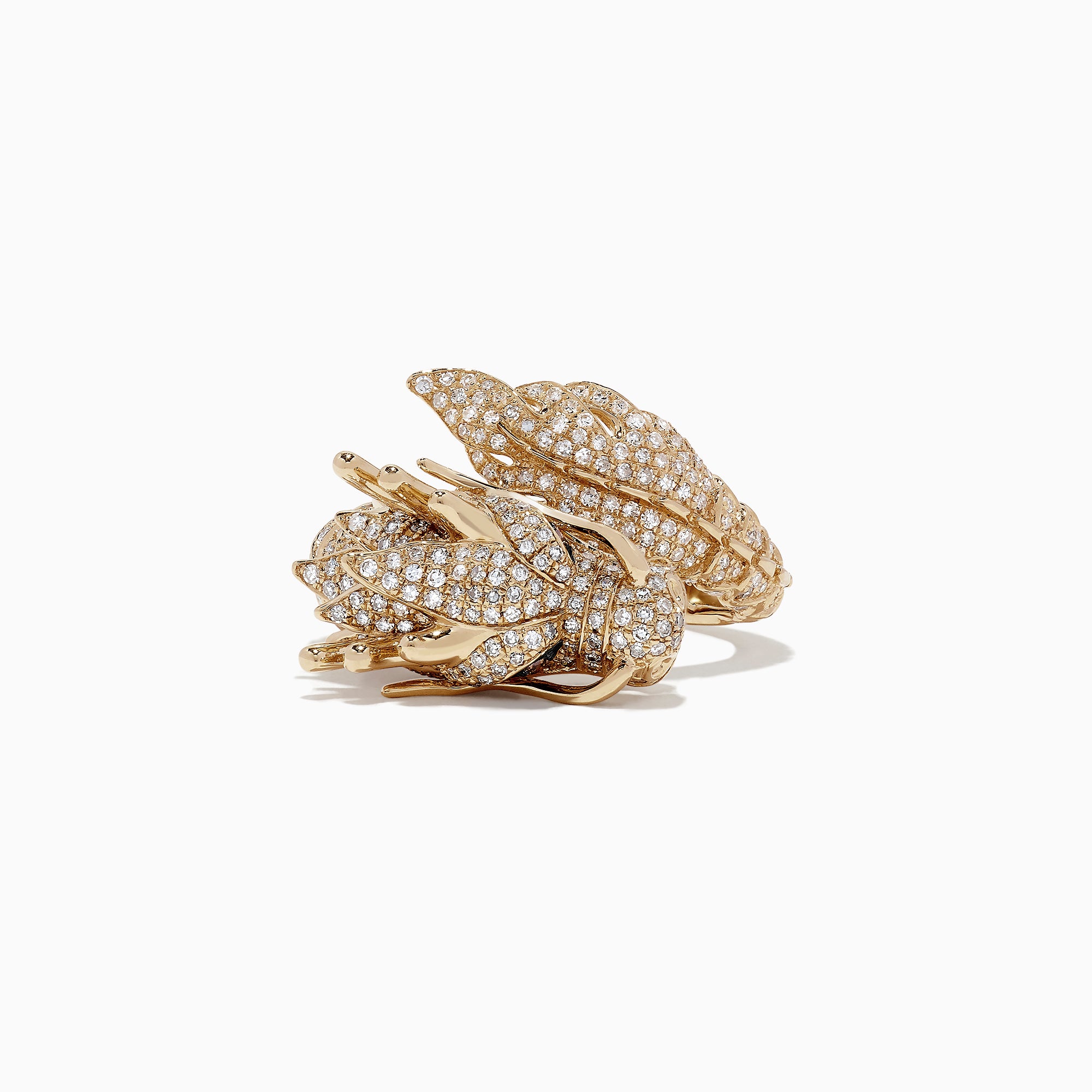 The Safari 14K Yellow Gold Diamond Dragon Ring, 1.42 TCW, featuring detailed dragon elements and sparkling diamonds, stands upright on a white background.