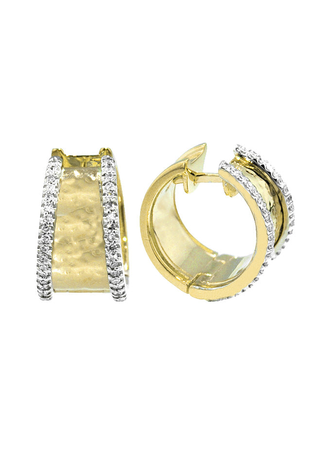 The DOro 14K Two Tone Diamond Hoop Earrings, 0.40 TCW, feature a hammered texture with rows of sparkling white stones on each side, offering a classic and elegant style.