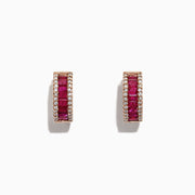 The Ruby Royale 14K Rose Gold Baguette Cut Ruby Hoop Earrings (1.90 TCW) feature red baguette rubies bordered by two rows of white diamonds, shown on a white background.