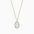 The Aurora 14K Two Tone Gold Opal and Diamond Pendant (1.49 TCW) features an oval opal centerpiece, accented by gold and silver loops with sparkling diamonds highlighting the silver sections.