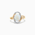 The Aurora 14K Two Tone Gold Opal and Diamond Ring, 1.49 TCW, showcases an oval opal center surrounded by white diamonds on a split-shank band, presented against a white background.