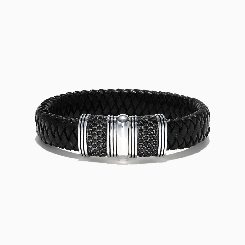 Mens Sterling Silver and Leather Black Sapphire Bracelet, 2.70 TCW, featuring a black braided leather band, sterling silver clasp with black sapphires, and striped detailing, shown on a white background.
