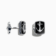 Mens Sterling Silver Onyx Anchor Cufflinks, 9.85 TCW, feature rectangular black onyx faces with raised silver anchor designs and twisted rope borders, displayed against a plain white background.
