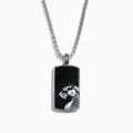 The Mens 925 Sterling Silver Onyx Dog Tag Pendant, 28.40 TCW, features a rectangular pendant with an onyx-inspired design and a raised stylized panther head.