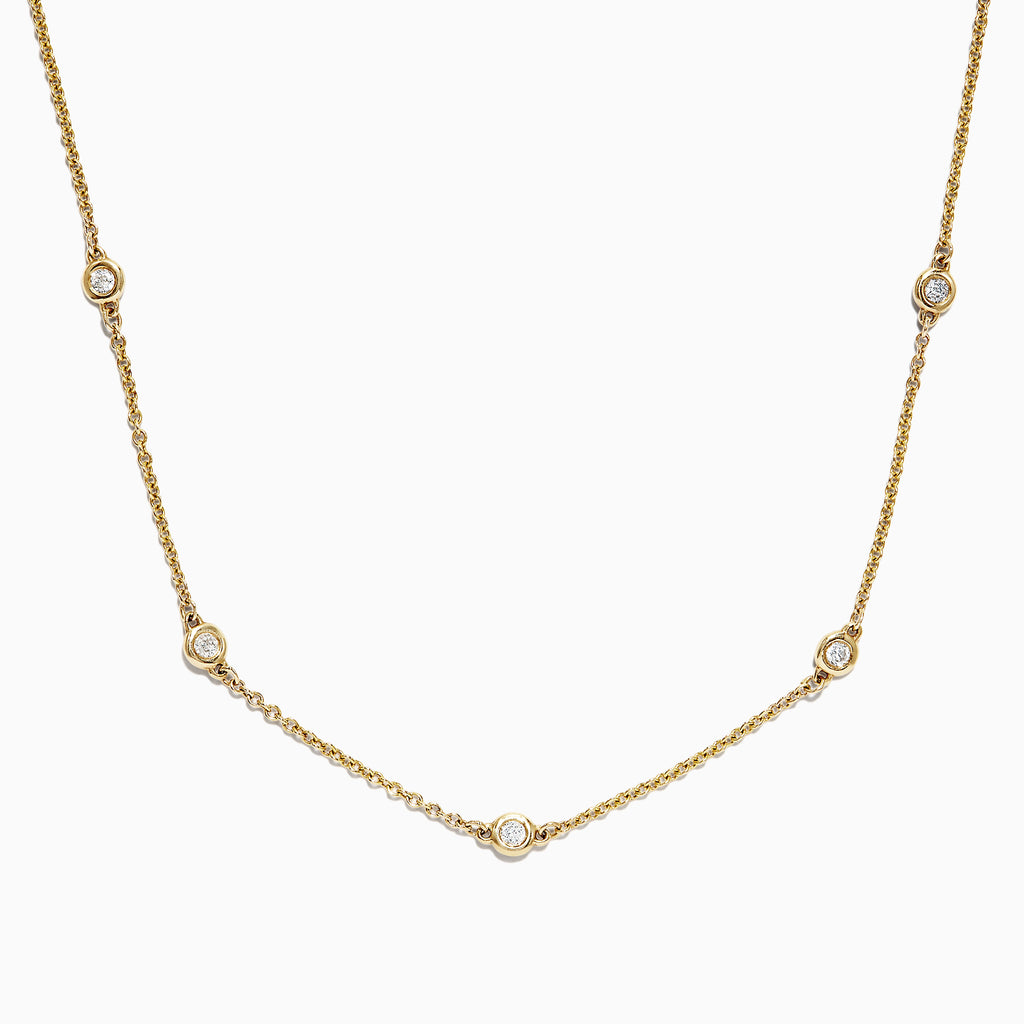 The DOro 14K Yellow Gold 18 Diamond Station Necklace (0.21 TCW) features five round bezel-set diamonds spaced along the front and is shown on a white background.