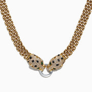 Signature 14K 2-Tone Gold Diamond and Emerald Necklace, 1.27 TCW, features two jeweled leopard heads with green eyes and black spots, facing each other and holding a silver ring in their mouths.