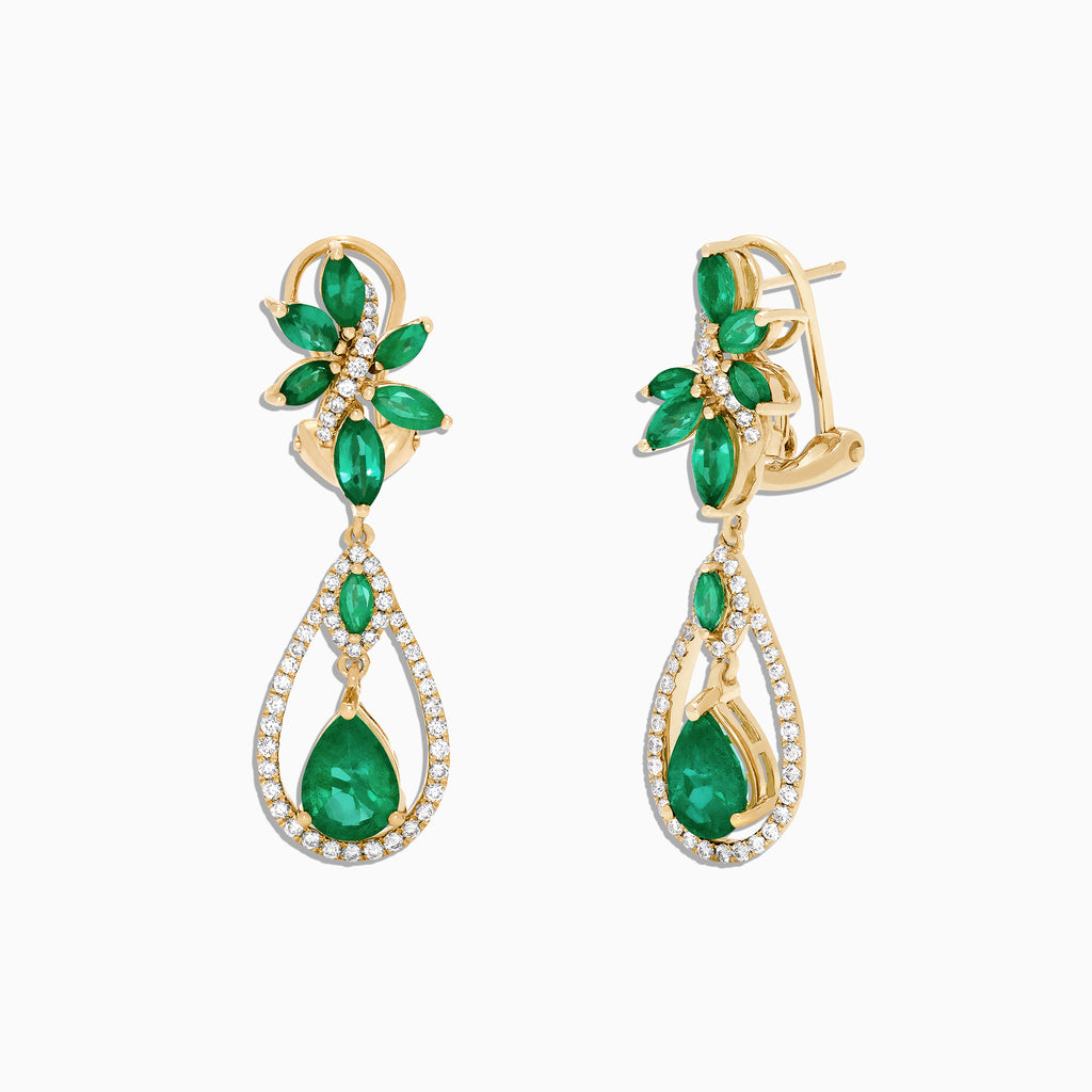 The Brasilica 14K Yellow Gold Emerald and Diamond Earrings, 4.62 TCW, showcase green gemstones in a floral design with teardrop emeralds and white diamond accents outlining the lower drop shape.
