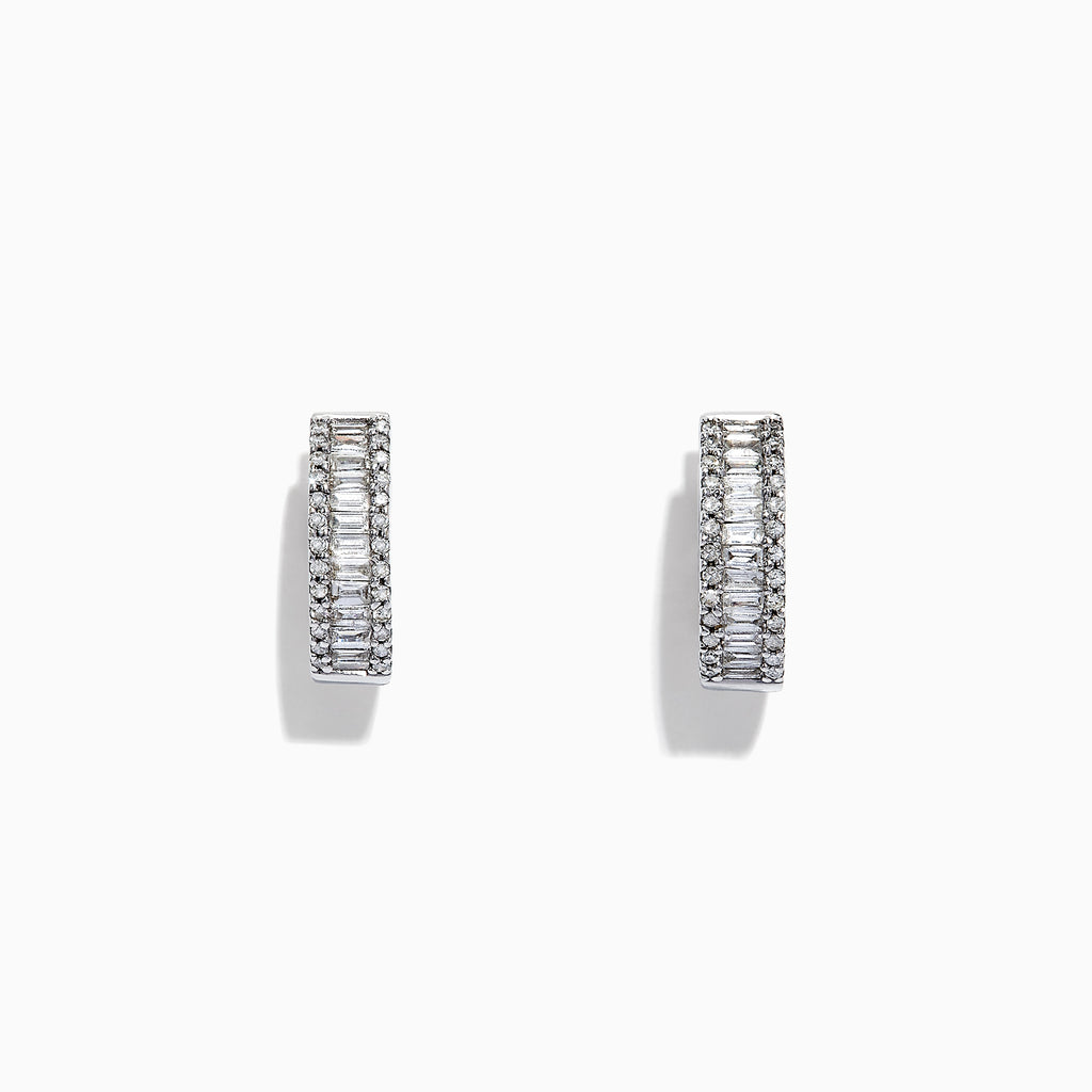 The Classique 14K White Gold 1/2 Diamond Hoop Earrings feature rows of sparkling diamonds totaling 0.55 TCW, set along the front and displayed against a white background.