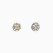 Canare 14K Two-Tone Gold Yellow and White Diamond Earrings, 1.08 TCW, with round yellow centers and a halo of white diamonds, are displayed against a plain white background.