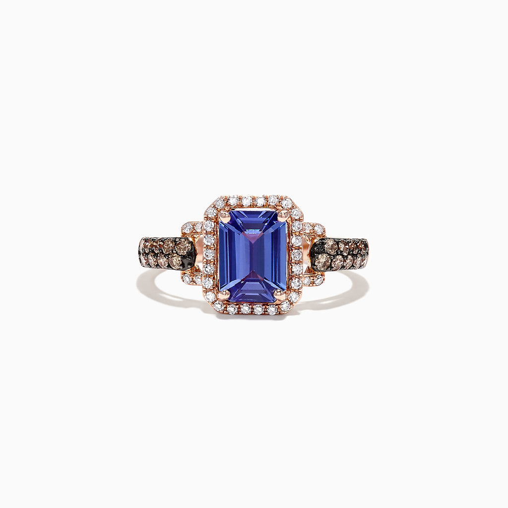 The Nahla Siri 14K Rose Gold Ring showcases a large emerald cut tanzanite center, framed by a diamond halo with additional diamonds along the band. Total carat weight is 1.72 TCW.