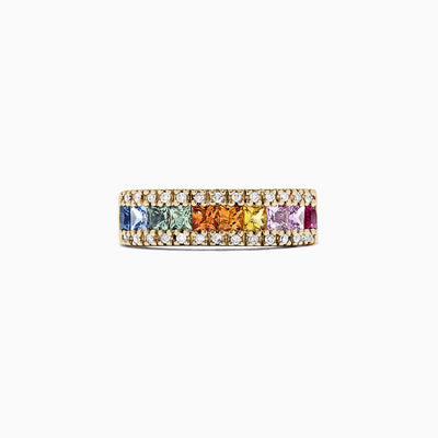 The Watercolors 14K Yellow Gold Multi Sapphire & Diamond Ring (1.46 TCW) showcases two rows of diamonds framing square-cut blue, green, yellow, orange, and pink sapphires in a vibrant rainbow gradient band.