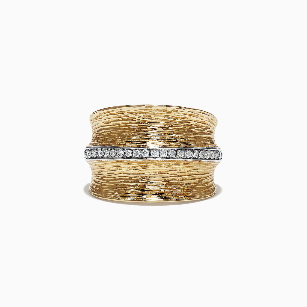 The DOro 14K Yellow Textured Gold Diamond Ring features a bark-like surface and a horizontal white gold band with sparkling diamonds, totaling 0.24 TCW—an elegant piece by Effy.
