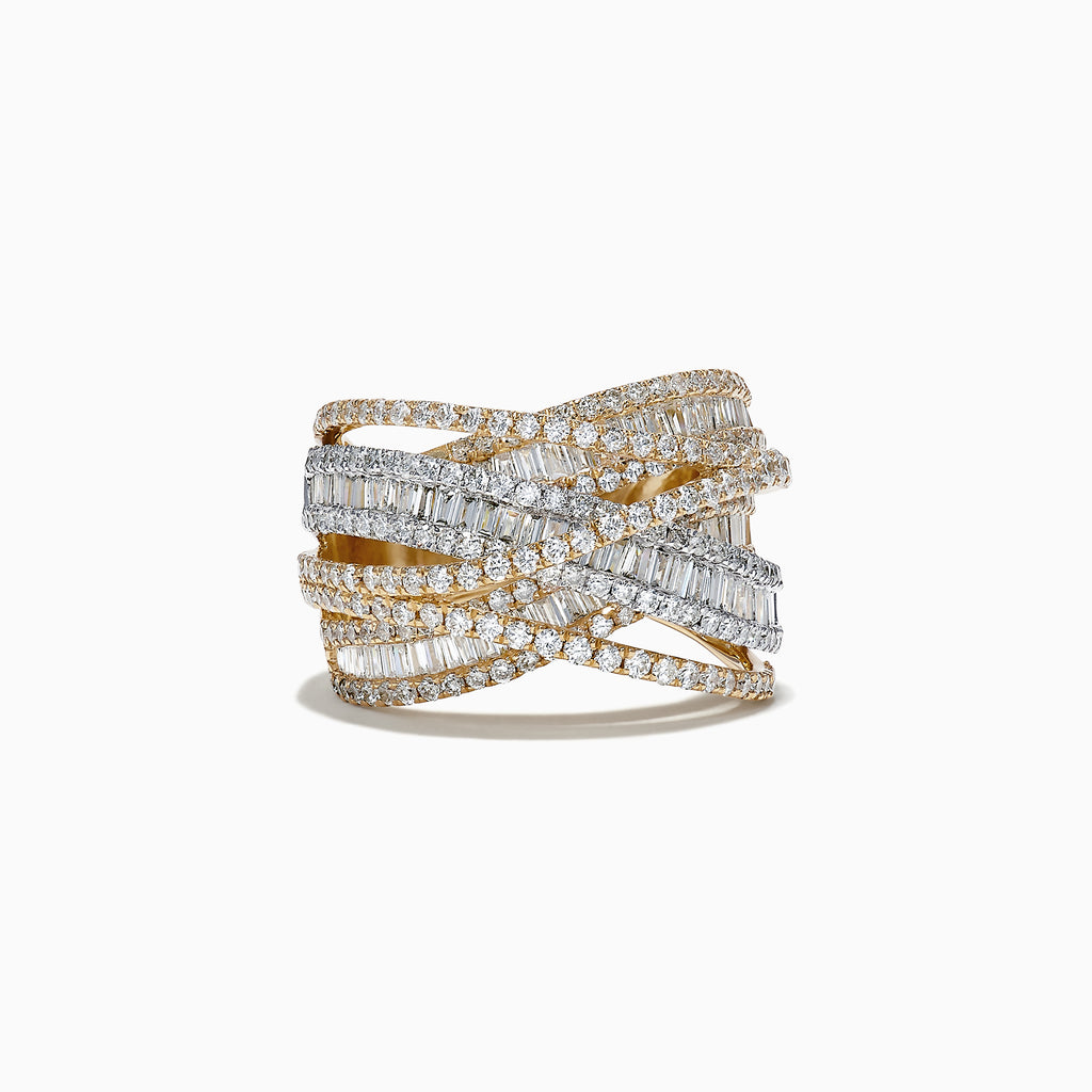 The Duo 14K White and Yellow Gold Diamond Crossover Ring features crisscrossed bands adorned with round and baguette-cut diamonds, showcasing an intricate design with a total carat weight of 2.75.