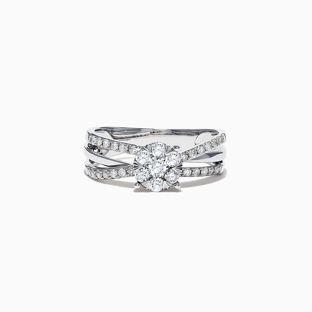 The Bouquet 14K White Gold Diamond Crossover Cluster Ring, 0.39 TCW, features a round center stone, split shank design, and sparkling diamond accents on a crossover cluster band.