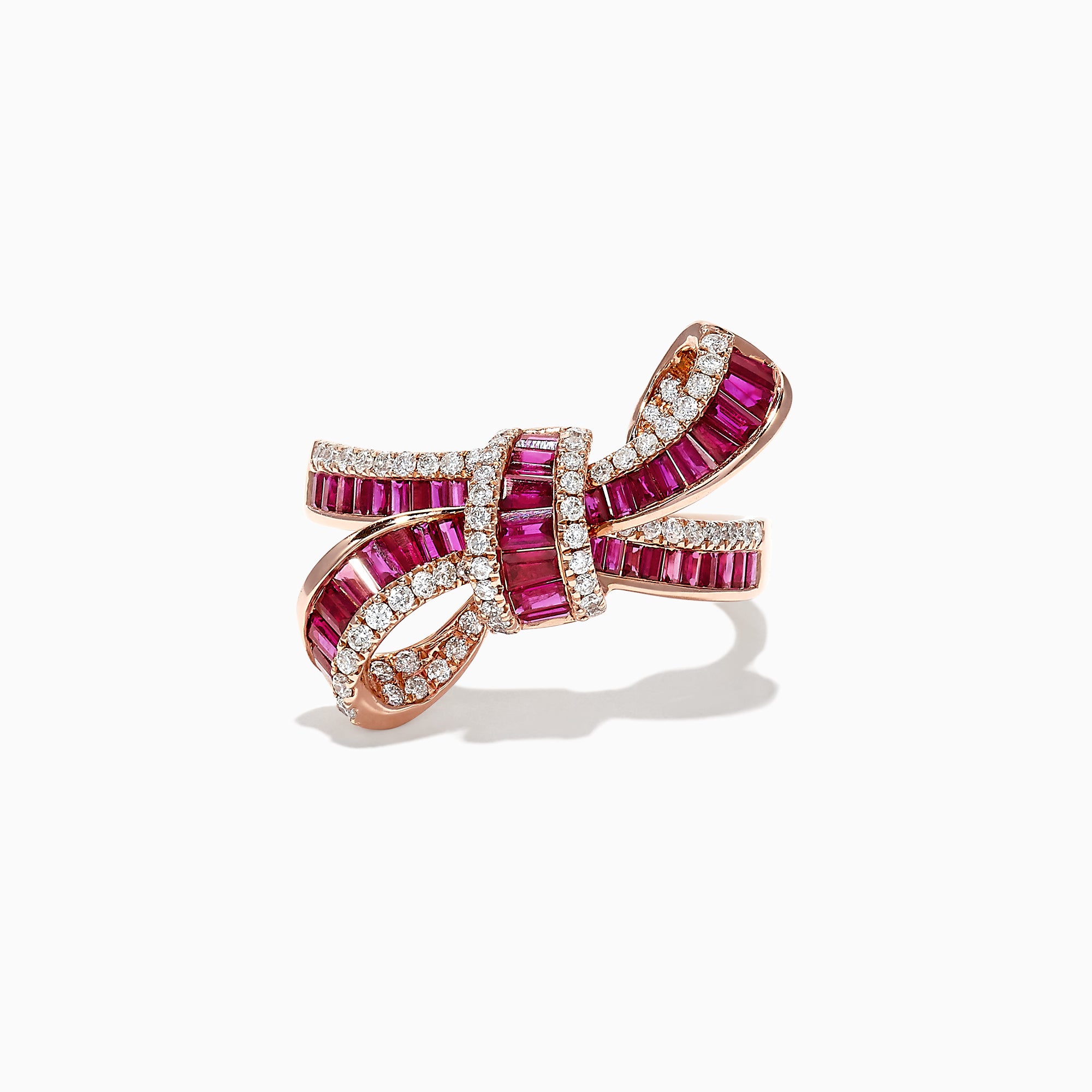 The Ruby Royale 14K Rose Gold Ruby and Diamond Bow Ring (1.61 TCW) showcases interwoven bands of rubies and white diamonds in a bow design, set against a white background.