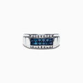 Mens 14K White Gold Blue and White Diamond Ring, 1.0 TCW, features a striking rectangular arrangement of blue stones framed by two rows of white diamonds on a sleek white gold band.