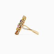 The Watercolors 14K Gold Multi Sapphire and Diamond Floral Ring, 3.03 TCW, features two flower shapes with multicolored sapphire petals and a diamond-adorned band, shown on a white background.