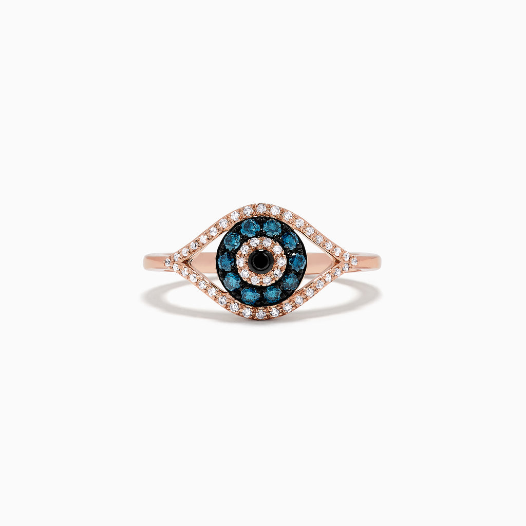 The Novelty 14K Gold Blue, White and Black Diamond Evil Eye Ring (0.37 TCW) features an eye-shaped design with blue, white, and black diamonds arranged in concentric circles and outlined by sparkling white stones.