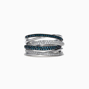 The Bella Bleu 14K White Gold Blue and White Diamond Ring, 0.56 TCW, features intertwined bands set with sparkling blue and white diamonds, beautifully displayed against a white background.
