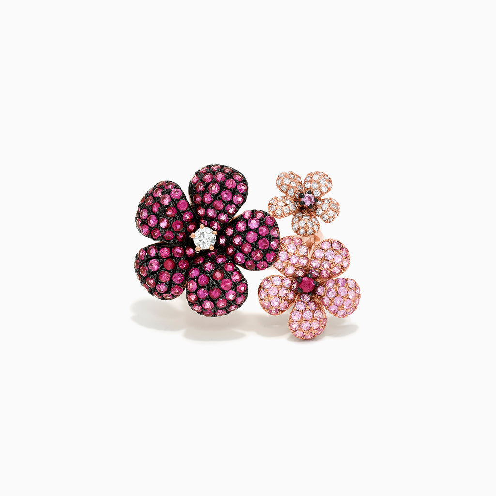 The Nature 14K Rose Gold Sapphire, Ruby & Diamond Flower Ring (3.45 TCW) dazzles with three flower motifs, sparkling in pink and purple hues, the largest in deep pink, set elegantly in rose gold on a white backdrop.