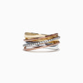 The Trio 14K Tri-Color Gold Diamond Accented Crossover Ring, 0.11 TCW, features intertwined yellow, white, and rose gold bands with a sparkling diamond-accented band for added brilliance.