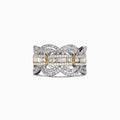 Duo 14K White and Yellow Gold Diamond Ring, 1.09 TCW, showcases interlocking loops with pavé-set and baguette diamonds in a central row, bordered by gold accents for an intricate Effy Duo design.