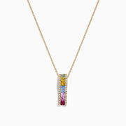 The Watercolors 14K Yellow Gold Multi Sapphire & Diamond Pendant (1.17 TCW) features a vertical design with small sapphires in green, yellow, blue, and pink hues on a yellow gold chain.