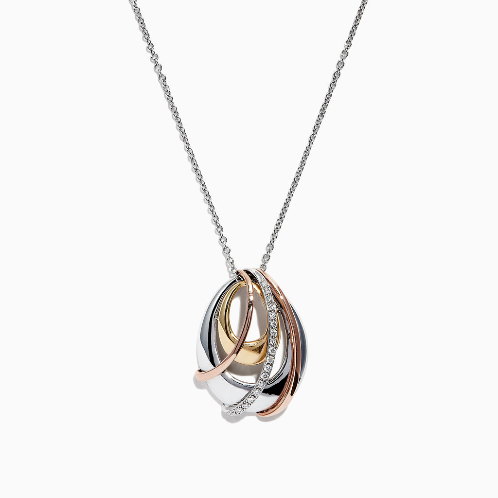 The Trio 14K Tri Color Gold Diamond Pendant (0.11 TCW) features interlocking loops in yellow, white, and rose gold with sparkling diamonds, elegantly suspended from a delicate chain.