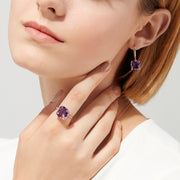 14K Rose Gold Amethyst and Diamond Earrings, 8.12 TCW, featuring cushion-cut amethysts and round diamonds set on the hooks, pictured against a white background.