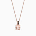 A 14K rose gold necklace featuring a 3.13 morganite pendant accented with a row of sparkling diamonds on the bail, shown on a fine chain against a white background.