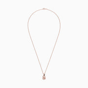 A 14K rose gold necklace featuring a 3.13 morganite pendant accented with a row of sparkling diamonds on the bail, shown on a fine chain against a white background.