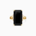 The Eclipse 14K Yellow Gold Onyx and Diamond Ring, 9.65 TCW, features a striking rectangular black onyx framed by vertical rows of sparkling white diamonds.
