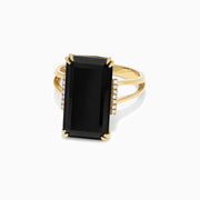 The Eclipse 14K Yellow Gold Onyx and Diamond Ring, 9.65 TCW, features a striking rectangular black onyx framed by vertical rows of sparkling white diamonds.