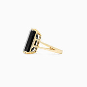 The Eclipse 14K Yellow Gold Onyx and Diamond Ring, 9.65 TCW, features a striking rectangular black onyx framed by vertical rows of sparkling white diamonds.