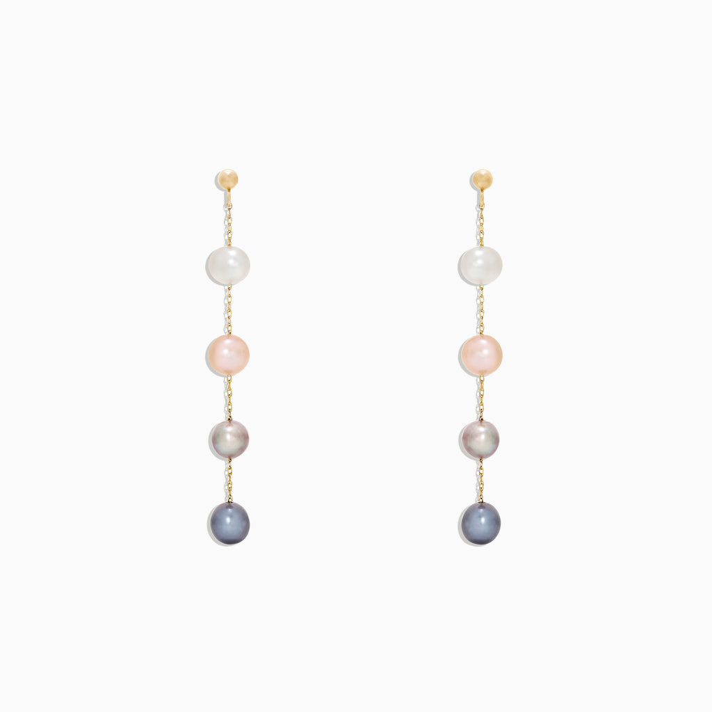 The 14K Yellow Gold Multi Color Cultured Pearl Earrings feature three vertically set cultured pearls in white, pink, and grey-blue hues on a delicate yellow gold chain, shown against a white background.