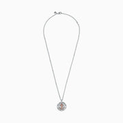 The Mens Sterling Silver and 18K Rose Gold Plated Anchor Pendant features a round, textured silver design with a rose gold anchor at the center, hanging from a sleek silver chain—part of our mens jewelry collection.