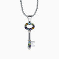 The 925 Sterling Silver & 18K Gold Multi Gemstone Key Pendant (2.29 TCW) features colorful gemstones around the key top and bottom, hanging from a twisted chain.