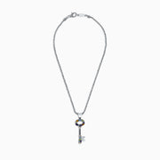 The 925 Sterling Silver & 18K Gold Multi Gemstone Key Pendant (2.29 TCW) features colorful gemstones around the key top and bottom, hanging from a twisted chain.