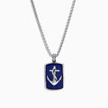The Mens Sterling Silver Lapis Lazuli Anchor Dog Tag Pendant (18.85 TCW) features a silver anchor design set on deep blue lapis lazuli and is framed with a textured sterling silver border.