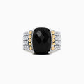 The 925 Sterling Silver & 18K Yellow Gold Onyx Ring, 6.00 TCW, showcases a large faceted black onyx accented by yellow gold circles and a textured engraved band for an elegant statement look.