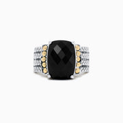 The 925 Sterling Silver & 18K Yellow Gold Onyx Ring, 6.00 TCW, showcases a large faceted black onyx accented by yellow gold circles and a textured engraved band for an elegant statement look.