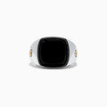 The Mens Sterling Silver and 18K Yellow Gold Onyx Ring, 5.90 TCW, features a large square black onyx centerpiece with 18K yellow gold accents on each side, shown against a plain white background.
