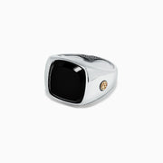 The Mens Sterling Silver and 18K Yellow Gold Onyx Ring, 5.90 TCW, features a large square black onyx centerpiece with 18K yellow gold accents on each side, shown against a plain white background.