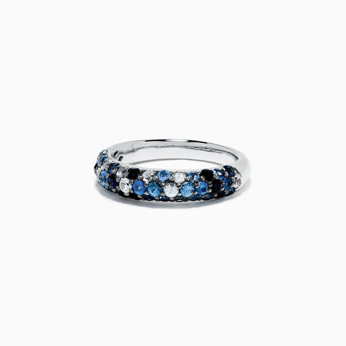 The 925 Sterling Silver Blue Sapphire Splash Ring, 1.80 TCW, features a band set with alternating light and dark blue gemstones, including blue sapphire, elegantly displayed on a plain white background.